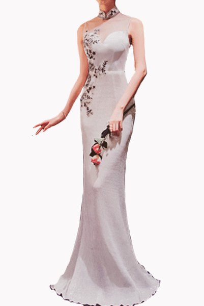 Sleeveless White Embroidered Sequin Cheongsam Evening Gown