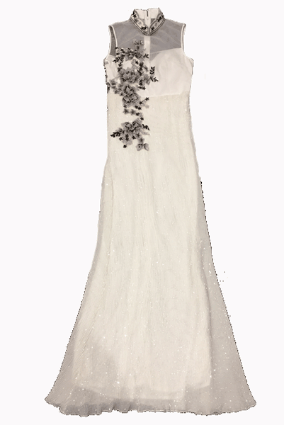 Sleeveless White Embroidered Sequin Cheongsam Evening Gown