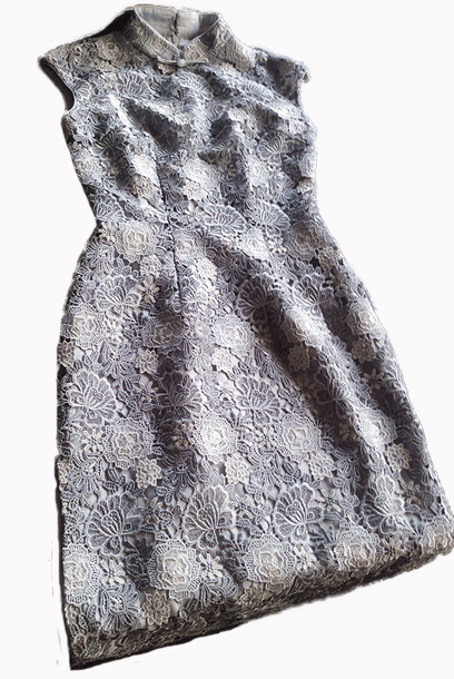 Cap Sleeves Silver Colourblock Lace Midi Cheongsam