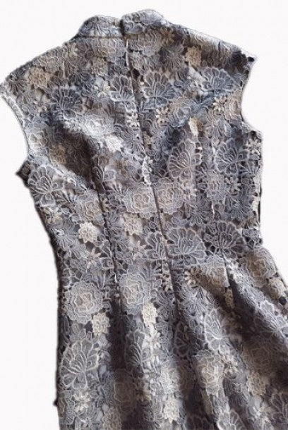 Cap Sleeves Silver Colourblock Lace Midi Cheongsam
