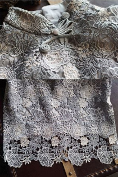Cap Sleeves Silver Colourblock Lace Midi Cheongsam