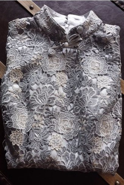 Cap Sleeves Silver Colourblock Lace Midi Cheongsam