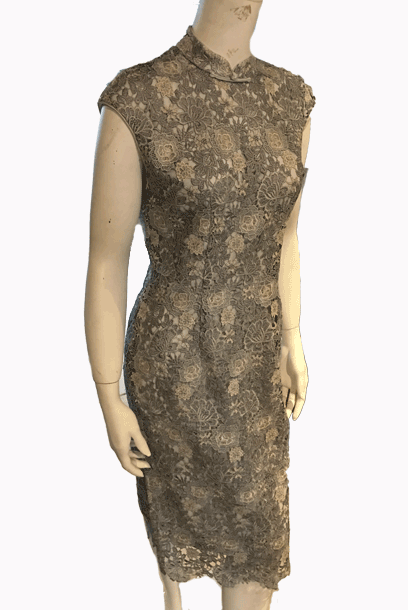 Cap Sleeves Silver Colourblock Lace Midi Cheongsam