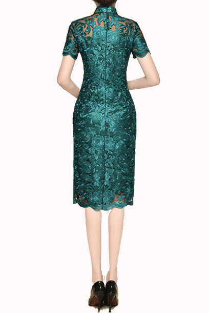 Short Sleeves Teal Lace Cheongsam