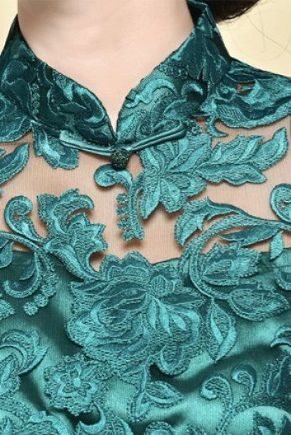 Short Sleeves Teal Lace Cheongsam