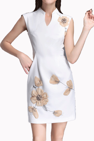 3D Floral V Neck White Modern Qipao Cheongsam Dress