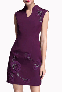 3D Floral V Neck Purple Modern Qipao Cheongsam Dress