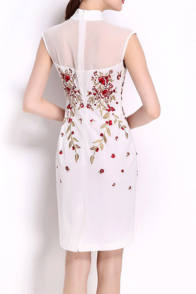 Cap Sleeves White Floral Embroidered Pencil Cheongsam