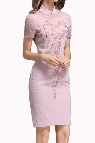 Short Sleeves Dusty Pink Embroidered Cheongsam Dress