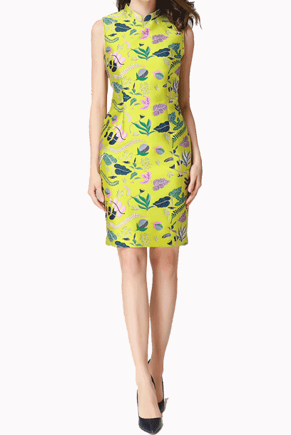 Sleeveless Foliage Jacquard Pencil Cheongsam