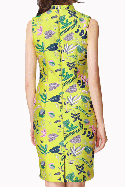 Sleeveless Foliage Jacquard Pencil Cheongsam