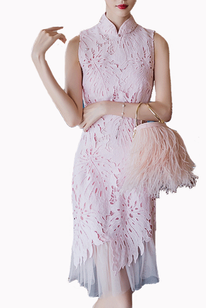 Sleeveless Pleated Hem Pink Lace Cheongsam