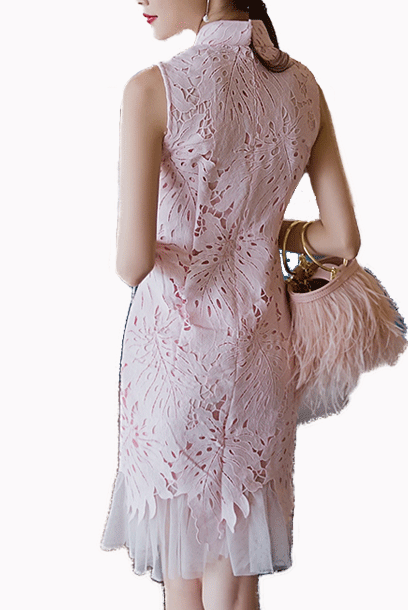 Sleeveless Pleated Hem Pink Lace Cheongsam