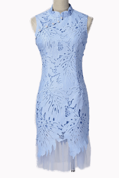 Sleeveless Pleated Hem Blue Lace Cheongsam