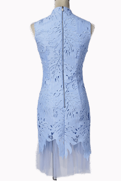 Sleeveless Pleated Hem Blue Lace Cheongsam