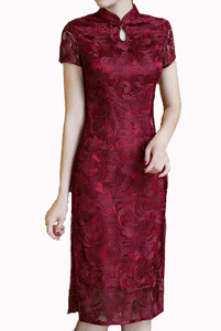 Plus Size Short Sleeves Red Lace Qipao Cheongsam