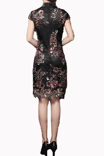 Cap Sleeves Embroidered Floral Sequin Cheongsam