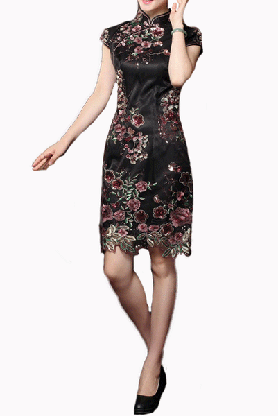 Cap Sleeves Embroidered Floral Sequin Cheongsam