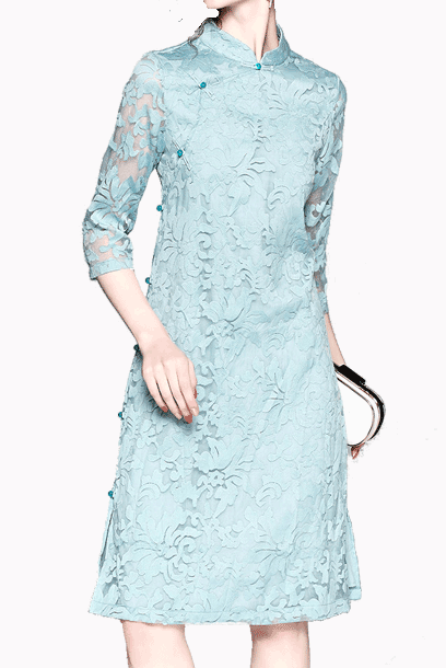 Elbow Sleeves Blue A-line Lace Cheongsam