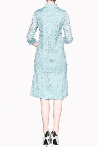 Elbow Sleeves Blue A-line Lace Cheongsam