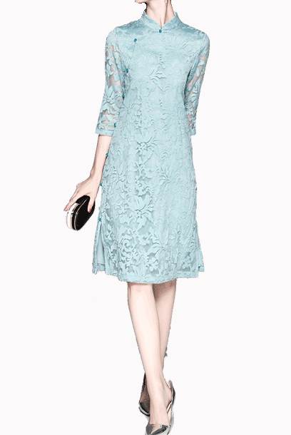 Elbow Sleeves Blue A-line Lace Cheongsam
