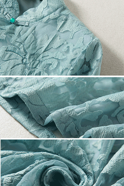 Elbow Sleeves Blue A-line Lace Cheongsam
