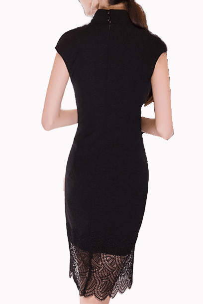 Cap Sleeves Black Lace Crepe Cheongsam