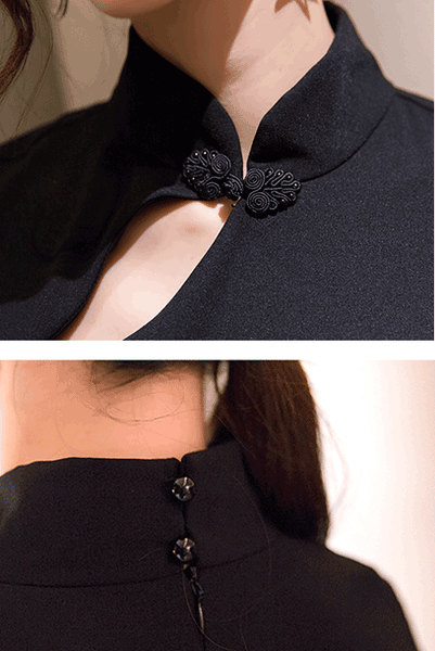 Cap Sleeves Black Lace Crepe Cheongsam