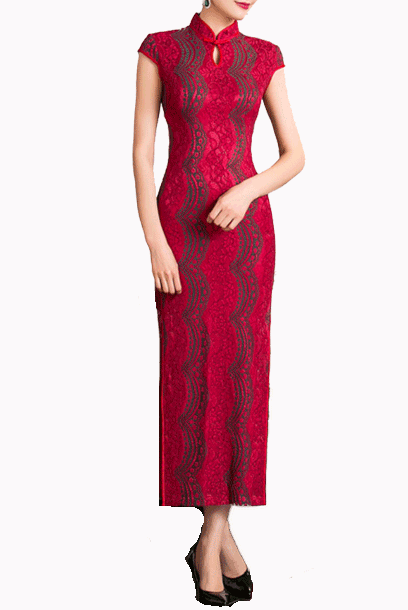 Cap Sleeves Lace Red Colourblock Maxi Cheongsam
