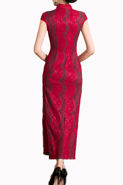Cap Sleeves Lace Red Colourblock Maxi Cheongsam