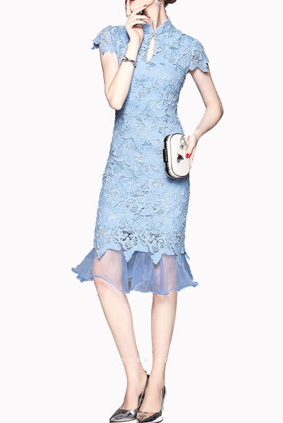 Cap Sleeves Blue Mermaid Cheongsam