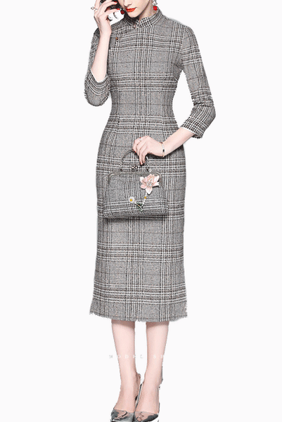 Long Sleeves Gingham Midi Cheongsam Qipao