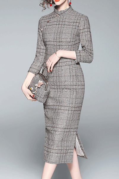 Long Sleeves Gingham Midi Cheongsam Qipao