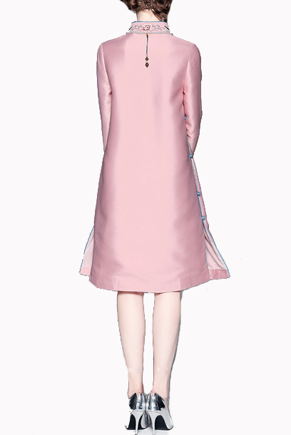Long Sleeves Floral Embroidered Pink Jacquard Cheongsam