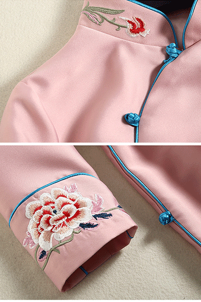 Long Sleeves Floral Embroidered Pink Jacquard Cheongsam