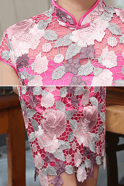 Cap Sleeves Pink Floral Lace Cheongsam