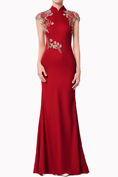 Cap Sleeves Floral Embroidered Red Cheongsam Gown