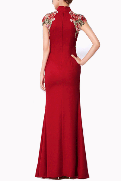 Cap Sleeves Floral Embroidered Red Cheongsam Gown