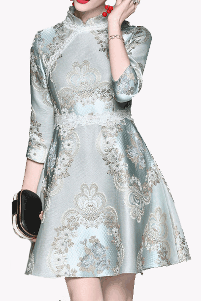 Elbow Sleeves Brocade Skater Cheongsam