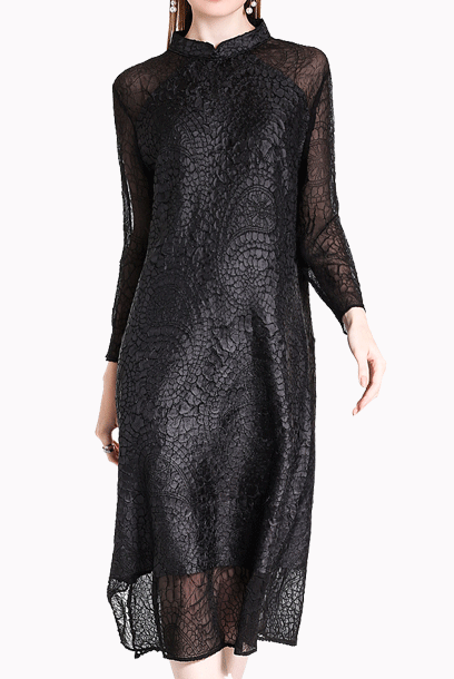 3/4 Sleeves Pleats Please Cheongsam Dress