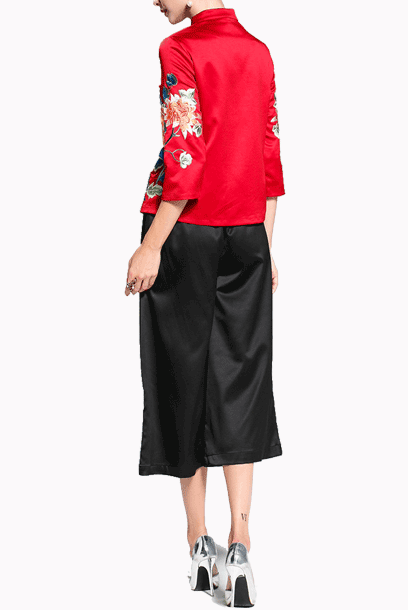3/4 Sleeves Floral Embroidered Cheongsam Qipao Tang Top