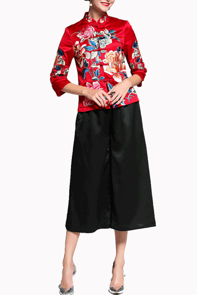 3/4 Sleeves Floral Embroidered Cheongsam Qipao Tang Top