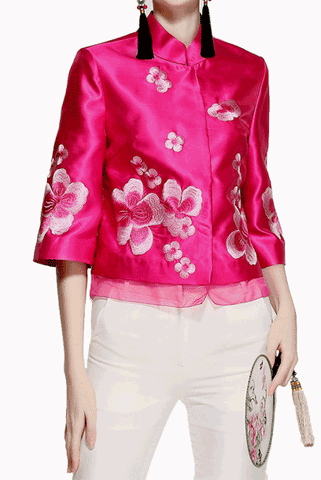 Elbow Sleeves Floral Embroidered Cheongsam Qipao Tang Top
