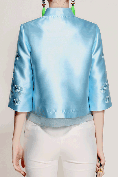 Elbow Sleeves Floral Embroidered Cheongsam Qipao Tang Top