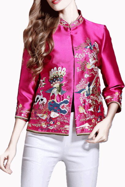 Elbow Sleeves Embroidered Qipao Top