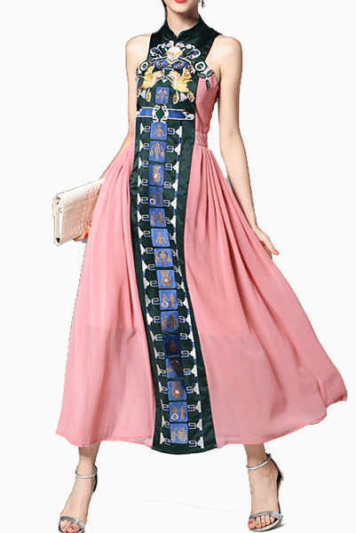 Sleeveless Embroidered Midi Cheongsam Qipao Dress