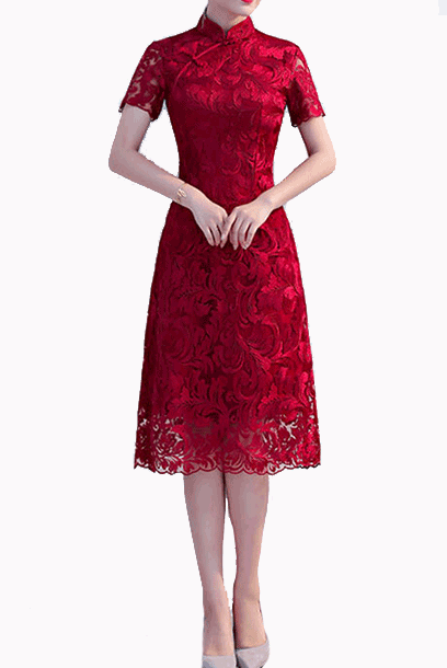Short Sleeves Lace Fit & Flare Cheongsam