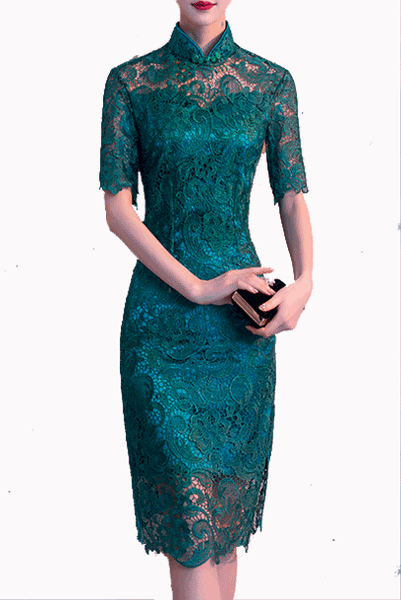 Short Sleeves Teal Lace Cheongsam