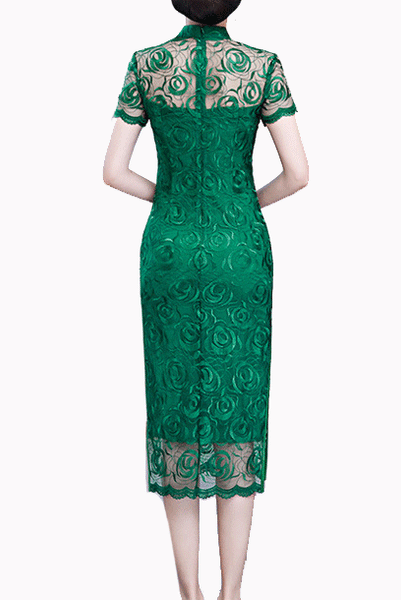Short Sleeves Blue Rose Lace Cheongsam