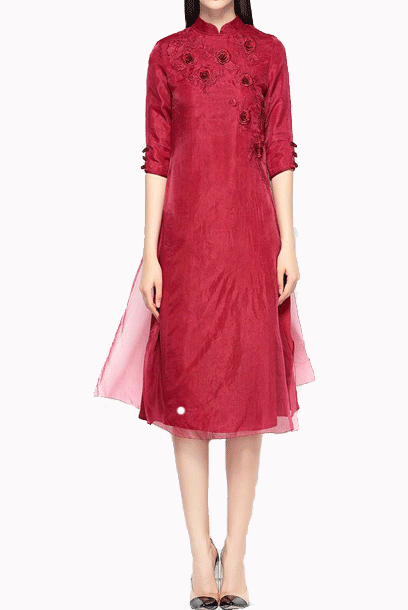 Elbow Sleeves 3D Floral Organza Cheongsam